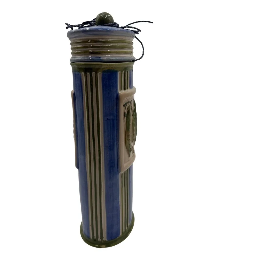 Vtg. Hand Painted Striped Ceramic Pasta Canister with Pea Pod Relief Blue Green